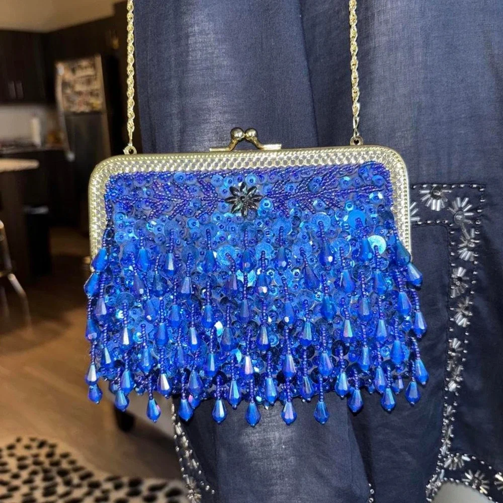 Vintage Blue Beaded Fringe Kiss-Lock Evening Bag ✨